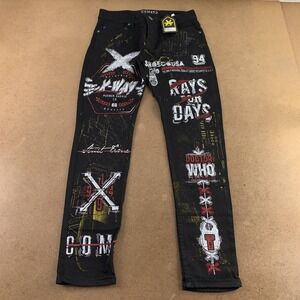 Xway Mens 31 x 30 Black Stretch Graffiti Dr Who Rays For Days Straight Jeans NW
